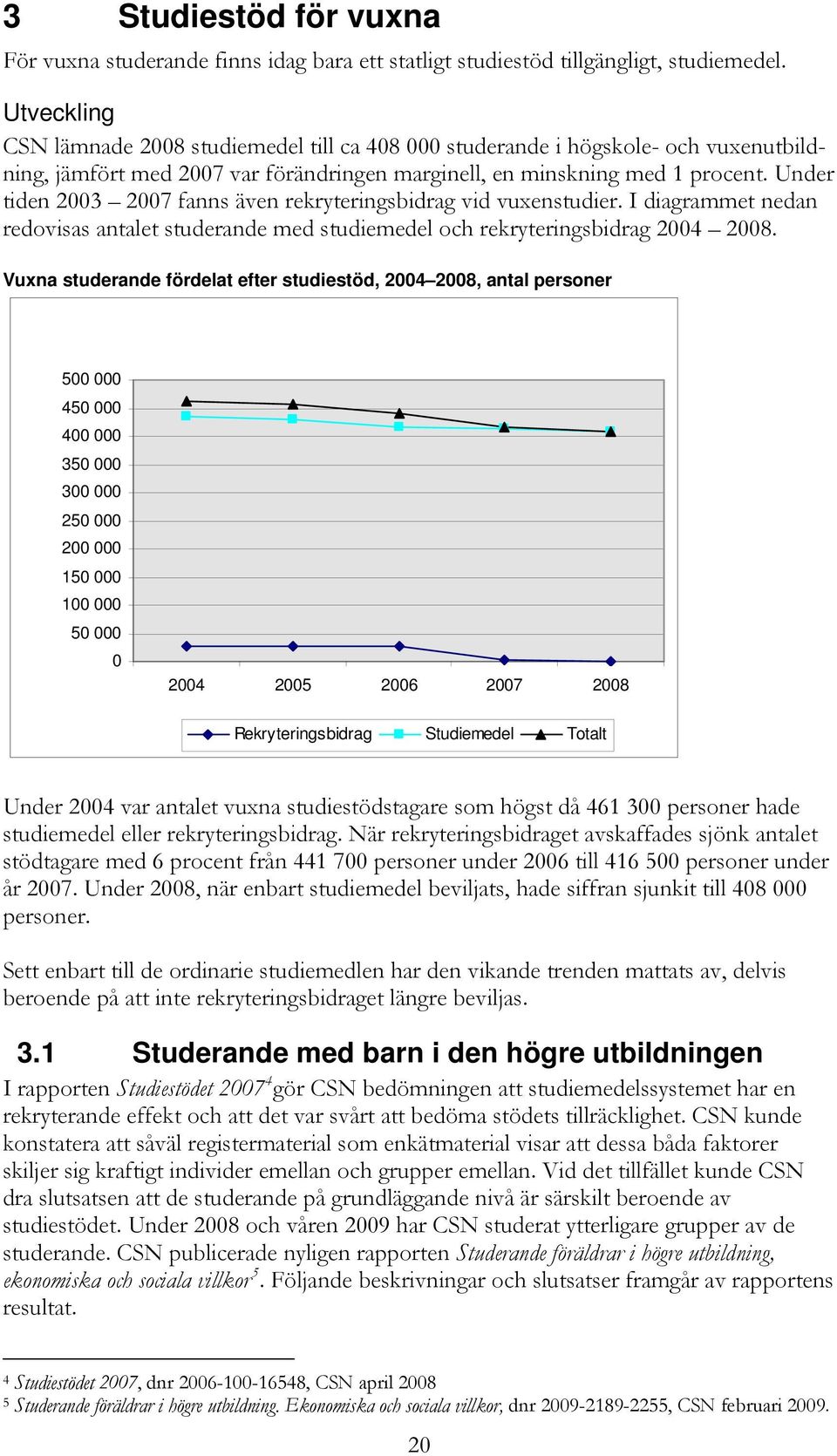 Under tiden 2003 2007 fanns även rekryteringsbidrag vid vuxenstudier. I diagrammet nedan redovisas antalet studerande med studiemedel och rekryteringsbidrag 2004 2008.