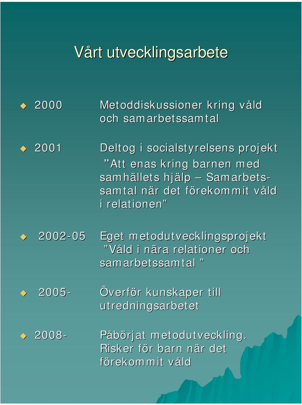 relationen 2002-05 05 Eget metodutvecklingsprojekt Våld i nära n relationer och samarbetssamtal 2005- Överför