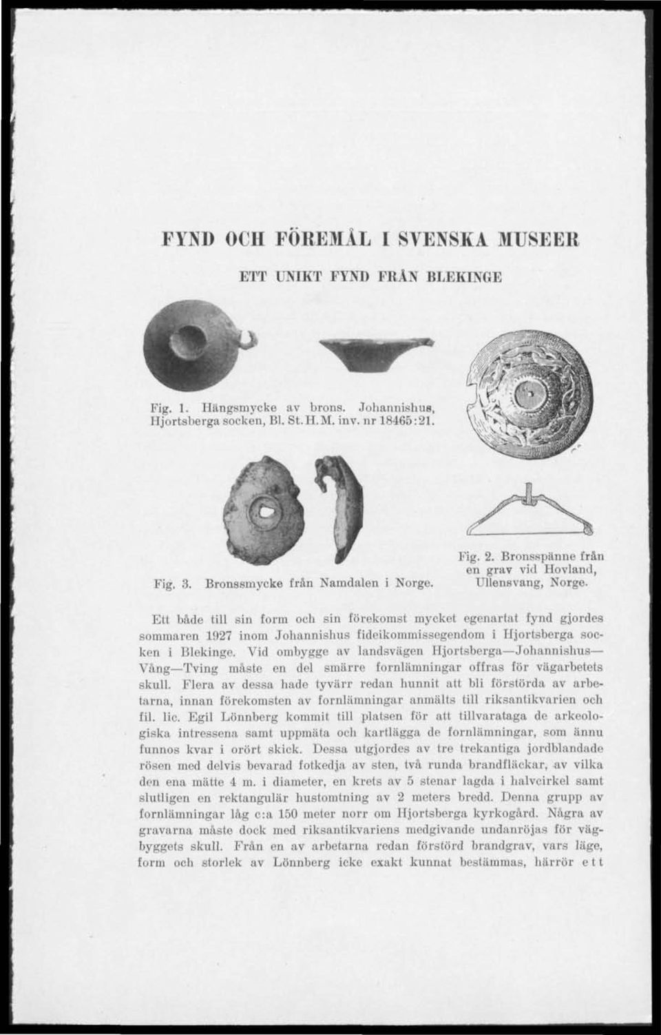 Ett både till sin form och sin förekomst mycket egenartat fynd gjordes sommaren 1927 inom Johannishus fideikommissegendom i Hjortsberga socken i Blekinge.