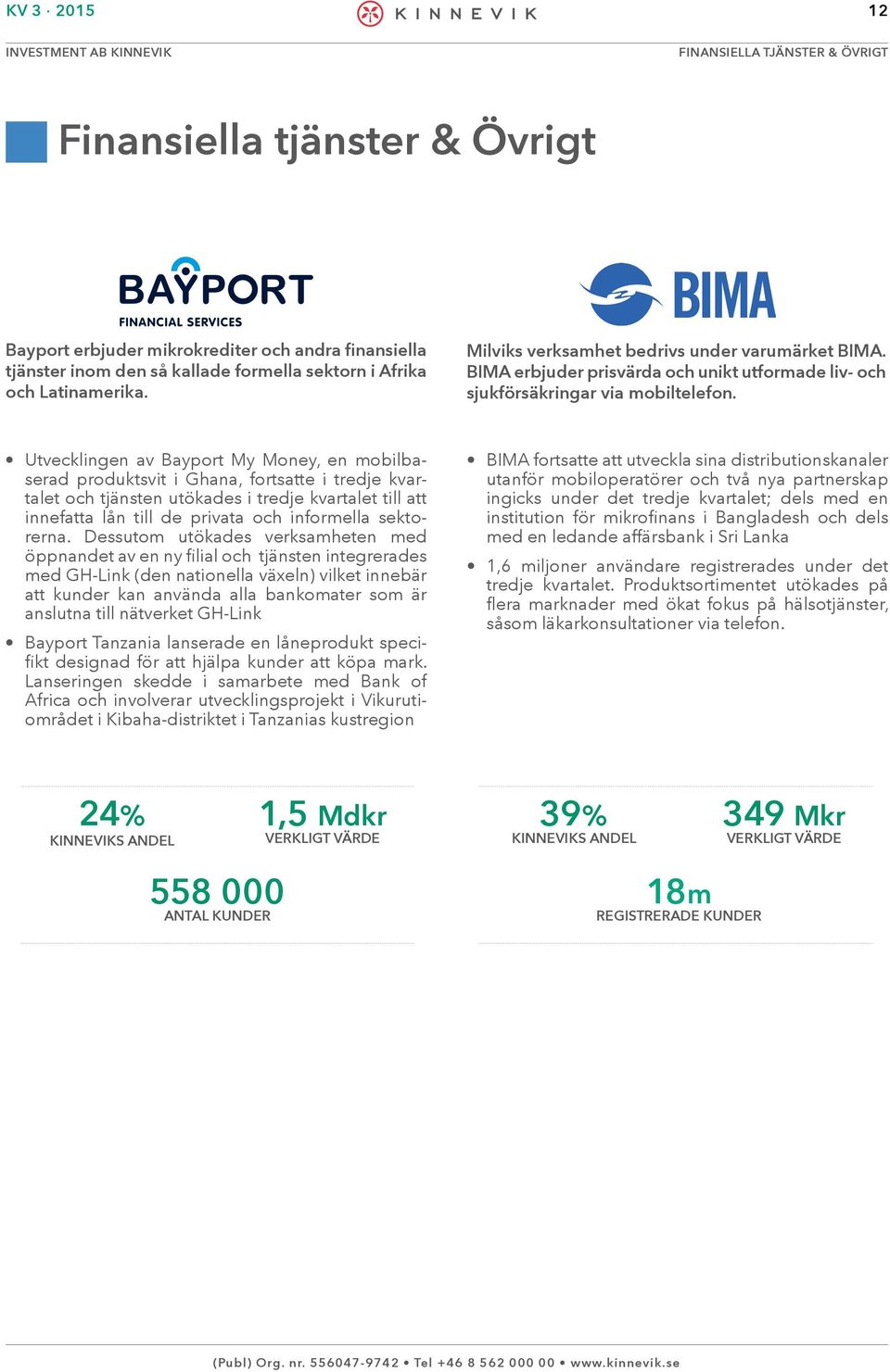 Utvecklingen av Bayport My Money, en mobilbaserad produktsvit i Ghana, fortsatte i tredje kvartalet och tjänsten utökades i tredje kvartalet till att innefatta lån till de privata och informella