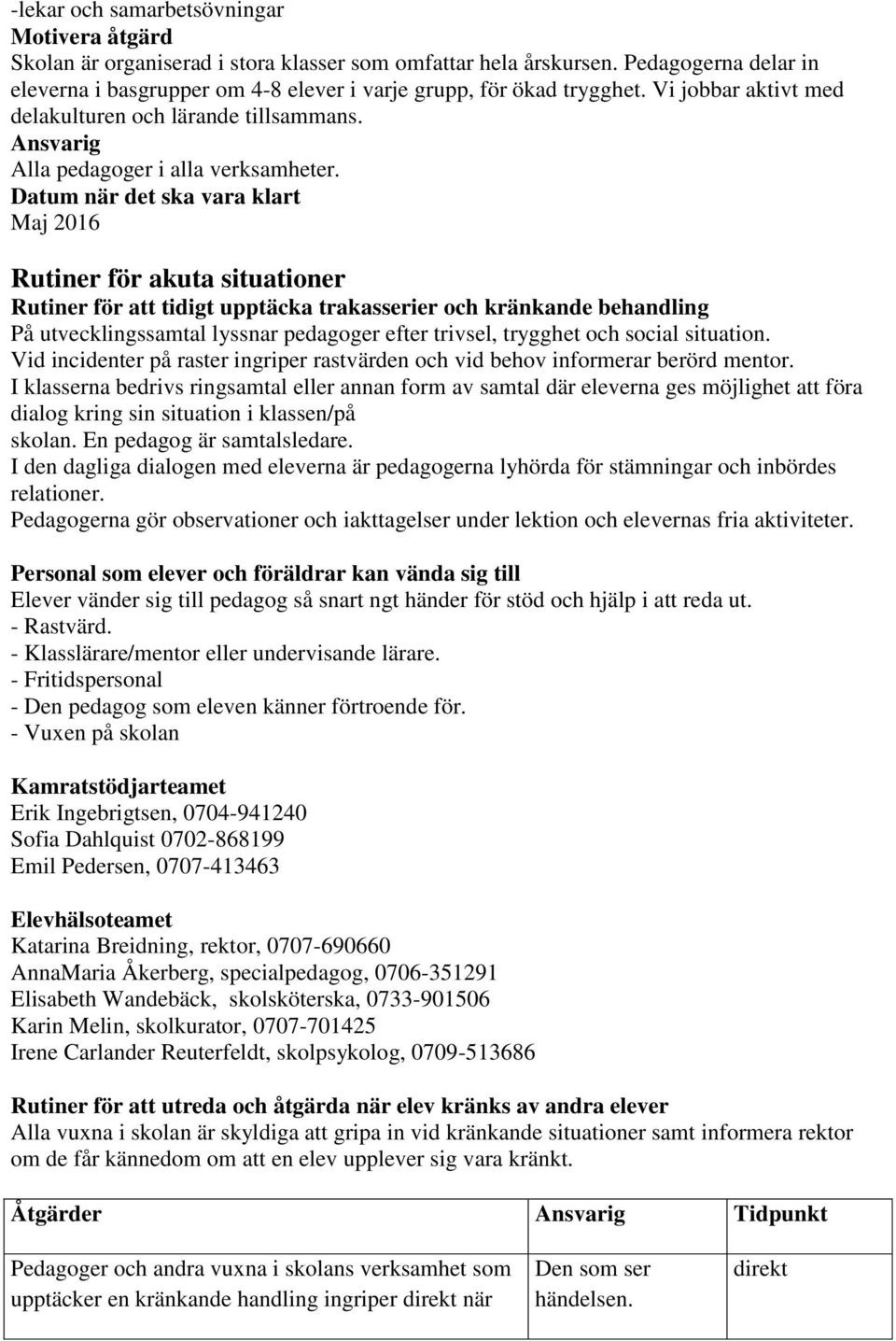 Datum när det ska vara klart Maj 2016 Rutiner för akuta situationer Rutiner för att tidigt upptäcka trakasserier och kränkande behandling På utvecklingssamtal lyssnar pedagoger efter trivsel,