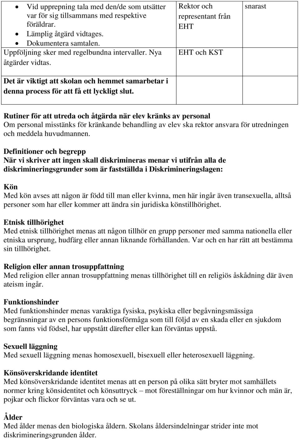 Rektor och representant från EHT EHT och KST snarast Rutiner för att utreda och åtgärda när elev kränks av personal Om personal misstänks för kränkande behandling av elev ska rektor ansvara för
