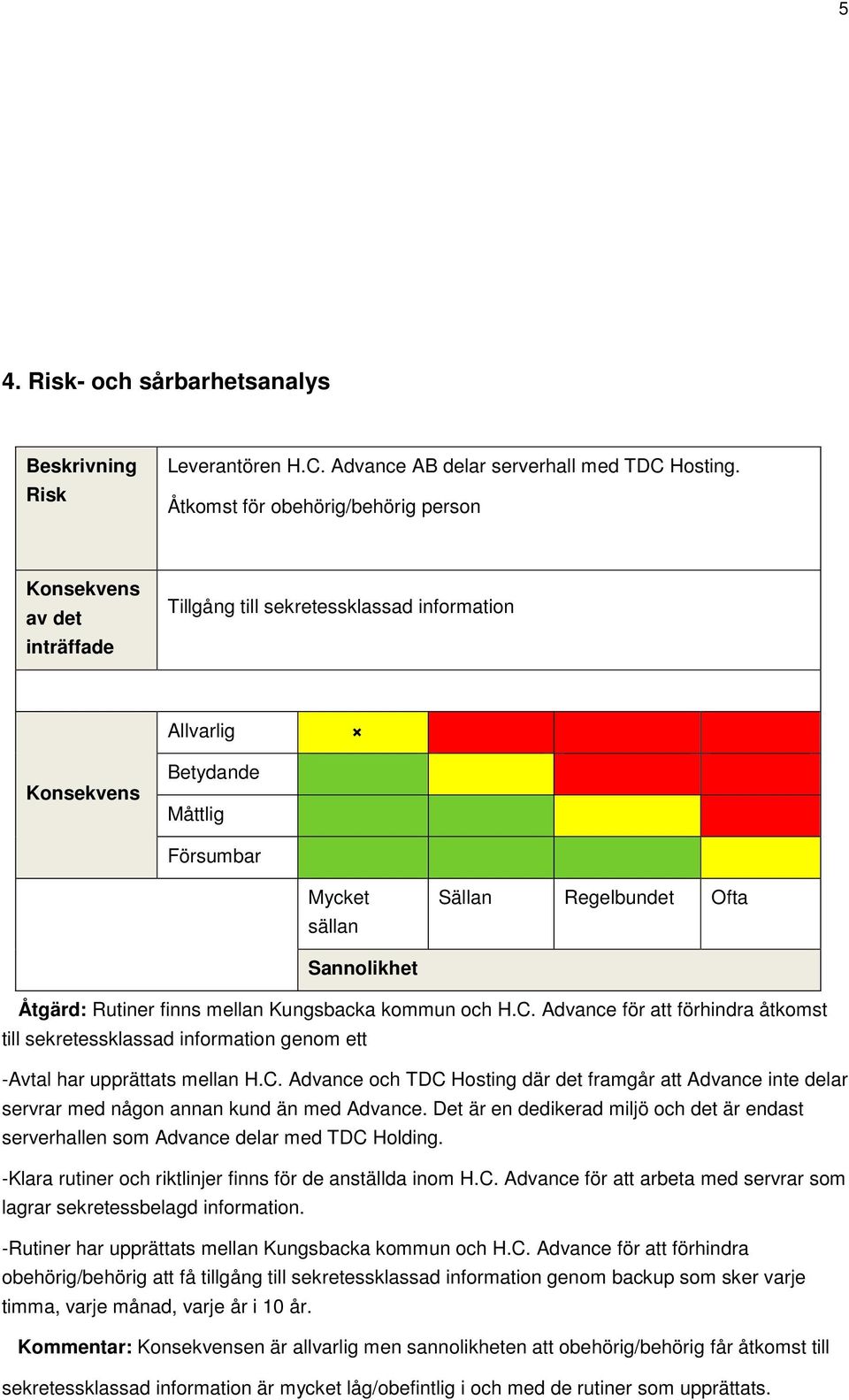 Sannolikhet Åtgärd: Rutiner finns mellan Kungsbacka kommun och H.C. Advance för att förhindra åtkomst till sekretessklassad information genom ett -Avtal har upprättats mellan H.C. Advance och TDC Hosting där det framgår att Advance inte delar servrar med någon annan kund än med Advance.