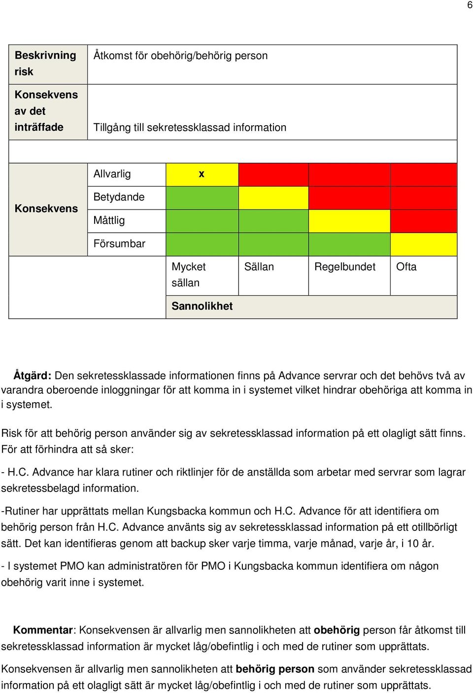 obehöriga att komma in i systemet. Risk för att behörig person använder sig av sekretessklassad information på ett olagligt sätt finns. För att förhindra att så sker: - H.C.