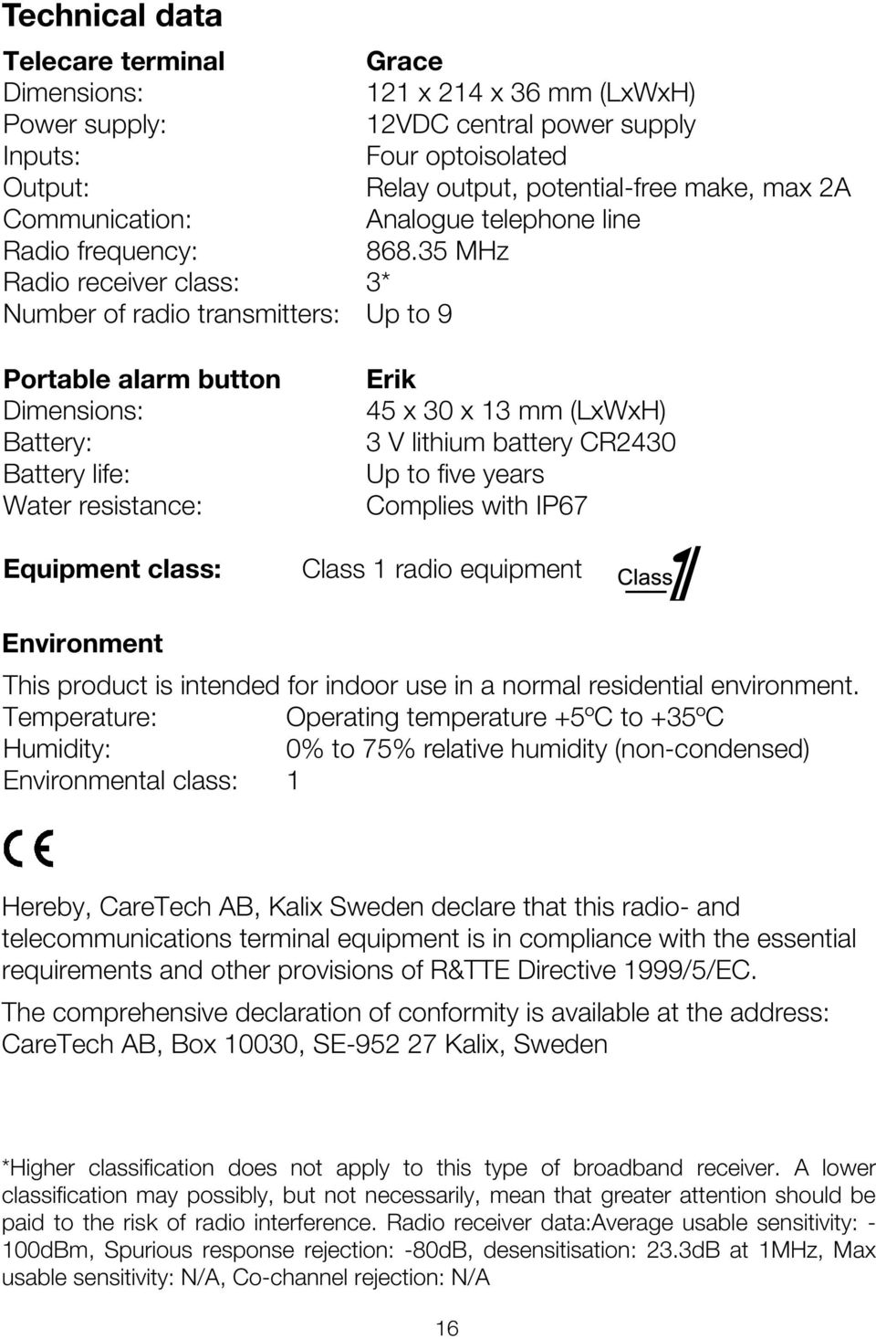 35 MHz Radio receiver class: 3* Number of radio transmitters: Up to 9 Portable alarm button Dimensions: Battery: Battery life: Water resistance: Equipment class: Erik 45 x 30 x 13 mm (LxWxH) 3 V
