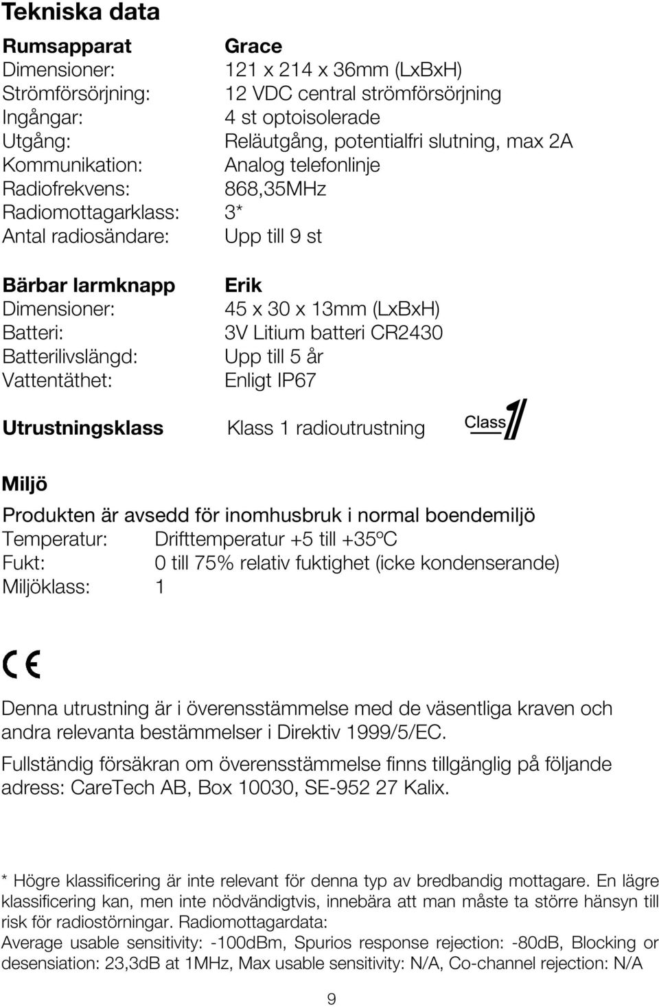 Utrustningsklass Erik 45 x 30 x 13mm (LxBxH) 3V Litium batteri CR2430 Upp till 5 år Enligt IP67 Klass 1 radioutrustning Miljö Produkten är avsedd för inomhusbruk i normal boendemiljö Temperatur: