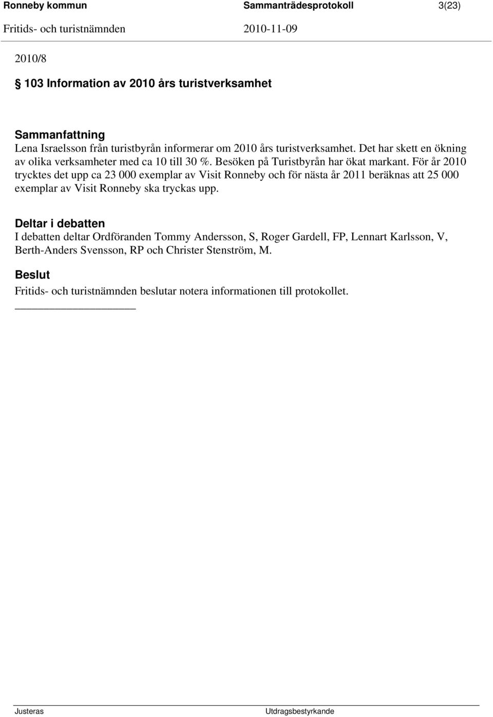 För år 2010 trycktes det upp ca 23 000 exemplar av Visit Ronneby och för nästa år 2011 beräknas att 25 000 exemplar av Visit Ronneby ska tryckas upp.