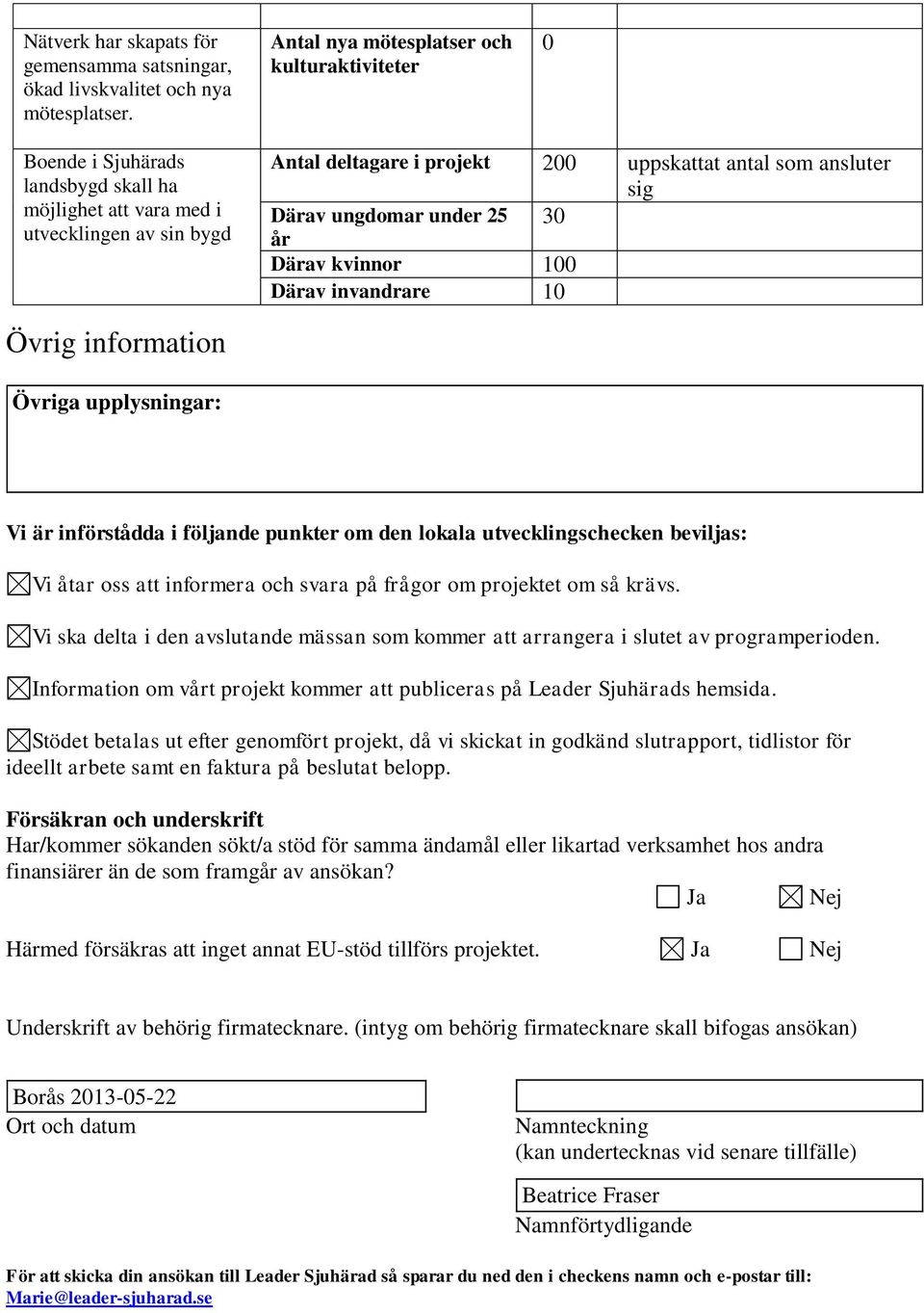 Därav ungdomar under 25 30 år Därav kvinnor 100 Därav invandrare 10 Övrig information Övriga upplysningar: Vi är införstådda i följande punkter om den lokala utvecklingschecken beviljas: Vi åtar oss