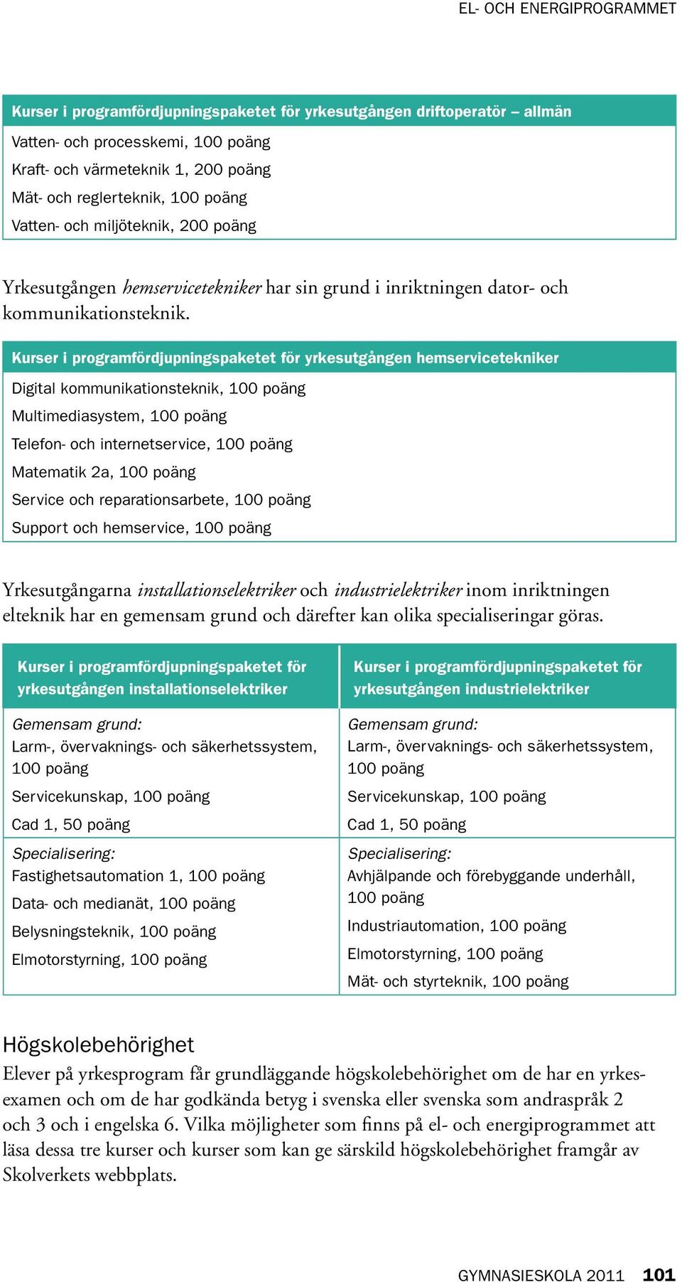 Kurser i programfördjupningspaketet för yrkesutgången hemservicetekniker Digital kommunikationsteknik, 100 poäng Multimediasystem, 100 poäng Telefon- och internetservice, 100 poäng Matematik 2a, 100