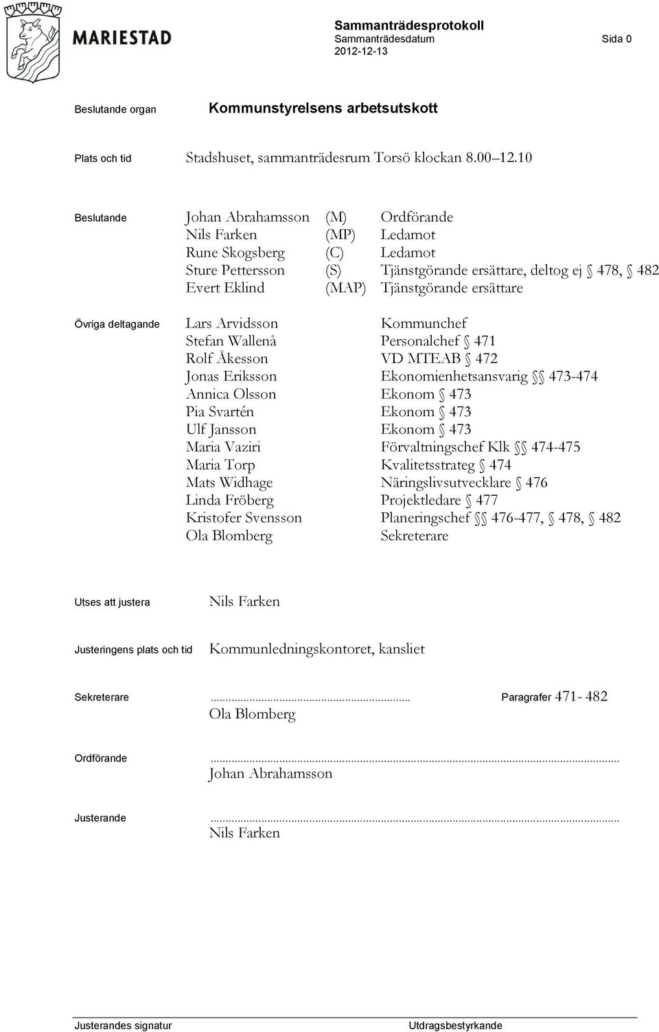 ersättare Övriga deltagande Lars Arvidsson Kommunchef Stefan Wallenå Personalchef 471 Rolf Åkesson VD MTEAB 472 Jonas Eriksson Ekonomienhetsansvarig 473-474 Annica Olsson Ekonom 473 Pia Svartén