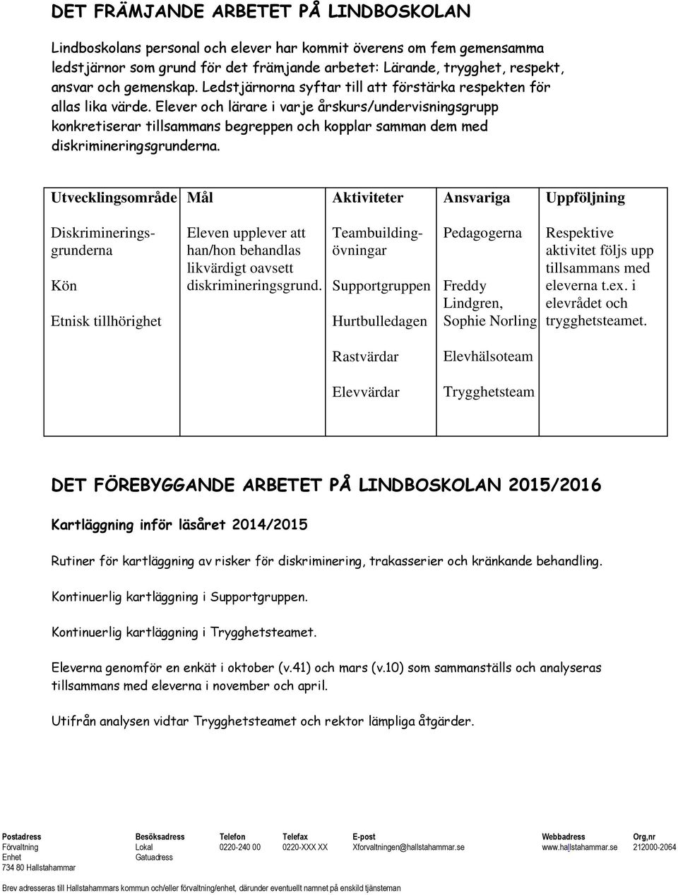 Elever och lärare i varje årskurs/undervisningsgrupp konkretiserar tillsammans begreppen och kopplar samman dem med diskrimineringsgrunderna.