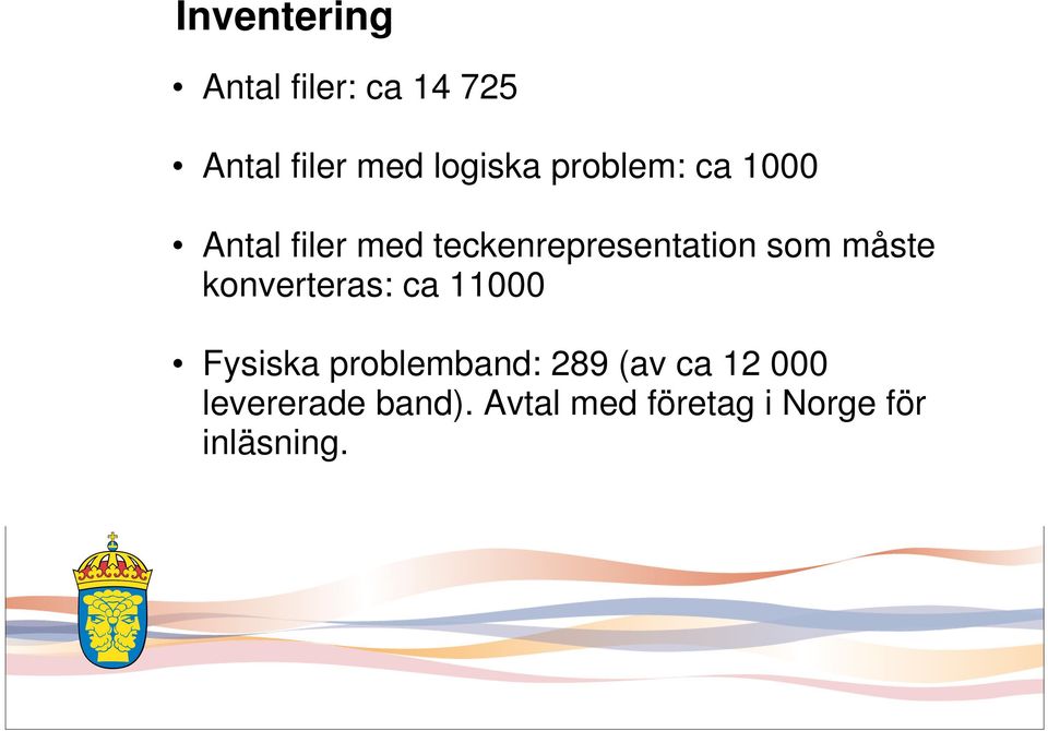 måste konverteras: ca 11000 Fysiska problemband: 289 (av ca