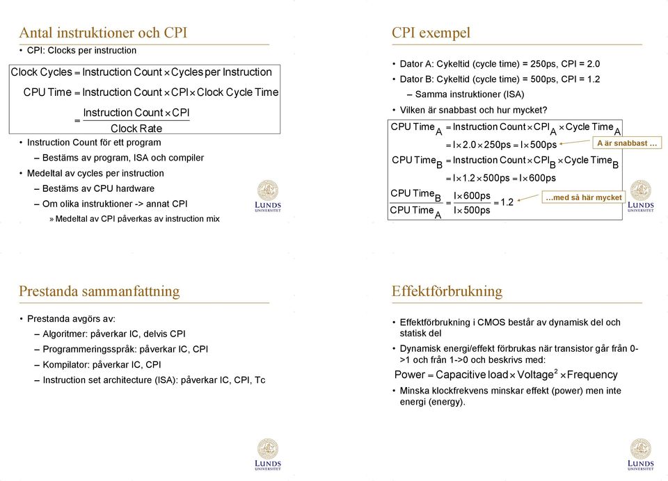 instruction mix CPI exempel Dator A: Cykeltid (cycle time) = 250ps, CPI = 2.0 Dator B: Cykeltid (cycle time) = 500ps, CPI = 1.2 Samma instruktioner (ISA) Vilken är snabbast och hur mycket?