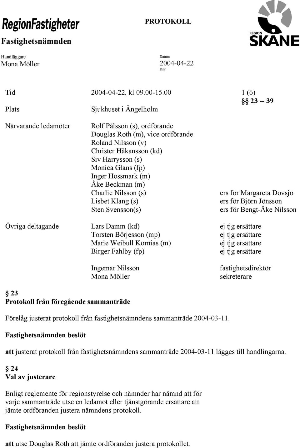 Glans (fp) Inger Hossmark (m) Åke Beckman (m) Charlie Nilsson (s) Lisbet Klang (s) Sten Svensson(s) ers för Margareta Dovsjö ers för Björn Jönsson ers för Bengt-Åke Nilsson Övriga deltagande Lars