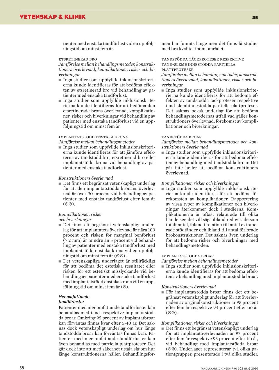 kunde identifieras för att bedöma den etsretinerade brons överlevnad, komplikationer, risker och biverkningar vid behandling av patienter med enstaka tandförlust vid en uppföljningstid om minst fem