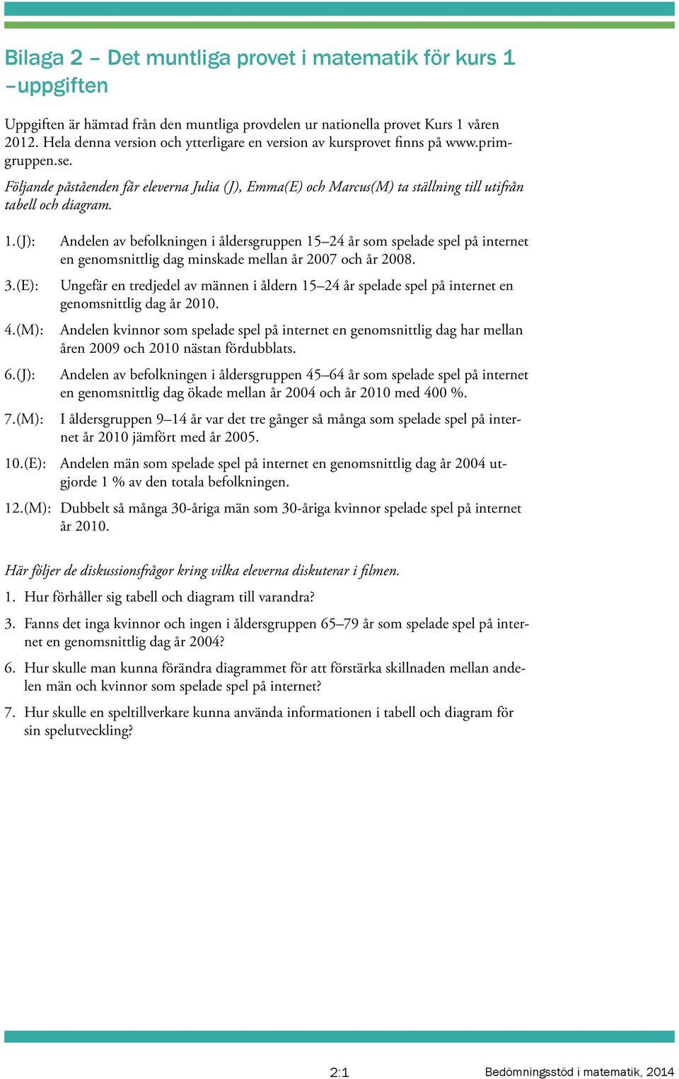 1.(J): 3.(E): 4.(M): 6.(J): 7.(M): Andelen av befolkningen i åldersgruppen 15 24 år som spelade spel på internet en genomsnittlig dag minskade mellan år 2007 och år 2008.