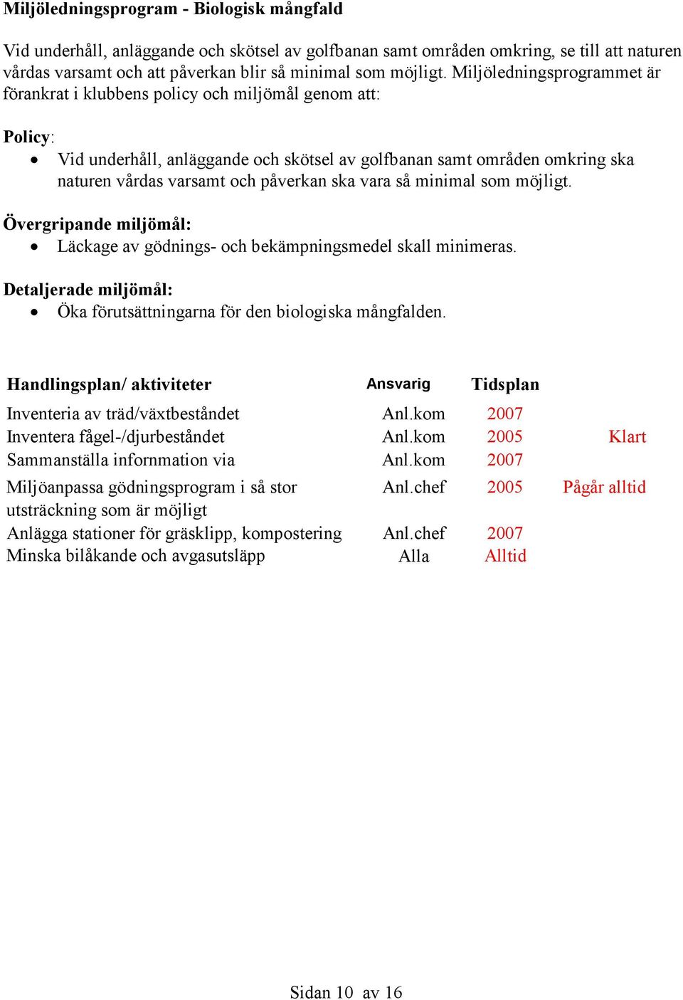 ska vara så minimal som möjligt. Övergripande miljömål: Läckage av gödnings- och bekämpningsmedel skall minimeras. Detaljerade miljömål: Öka förutsättningarna för den biologiska mångfalden.