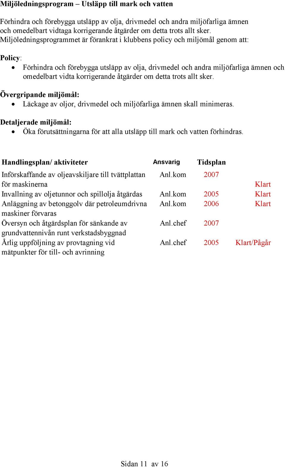 korrigerande åtgärder om detta trots allt sker. Övergripande miljömål: Läckage av oljor, drivmedel och miljöfarliga ämnen skall minimeras.