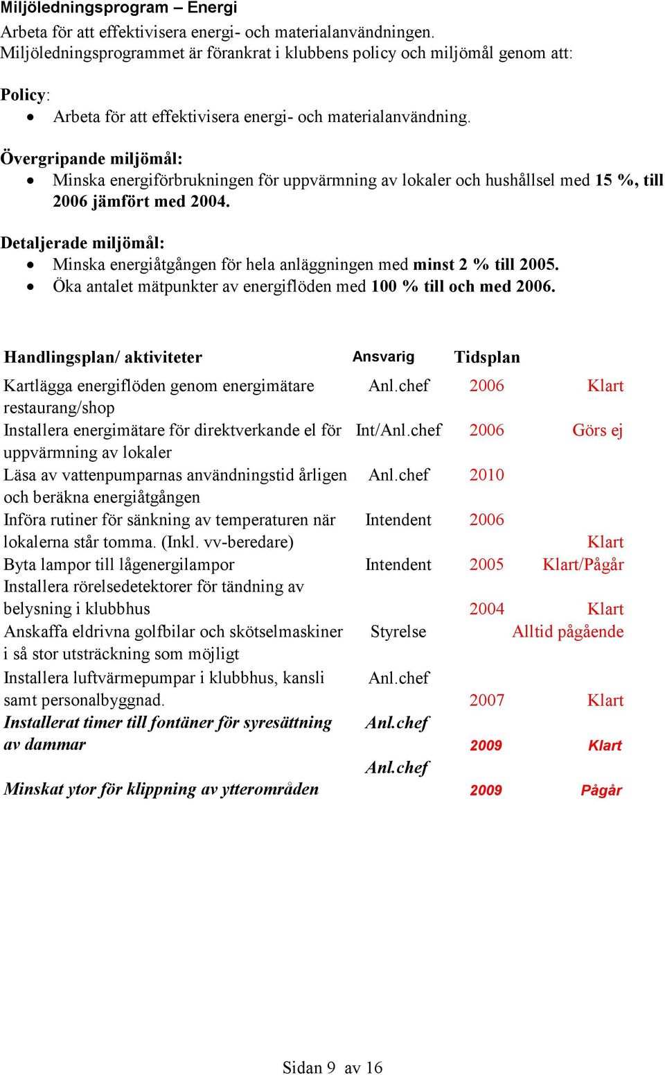 Övergripande miljömål: Minska energiförbrukningen för uppvärmning av lokaler och hushållsel med 15 %, till 2006 jämfört med 2004.