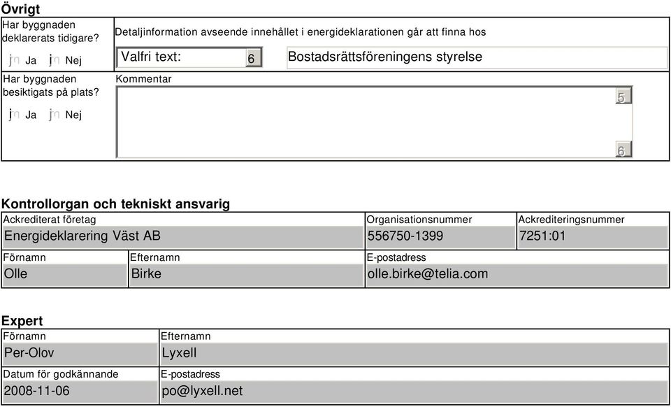 Kommentar 5 Kontrollorgan och tekniskt ansvarig Ackrediterat företag Energideklarering Väst AB Förnamn Olle Efternamn Birke