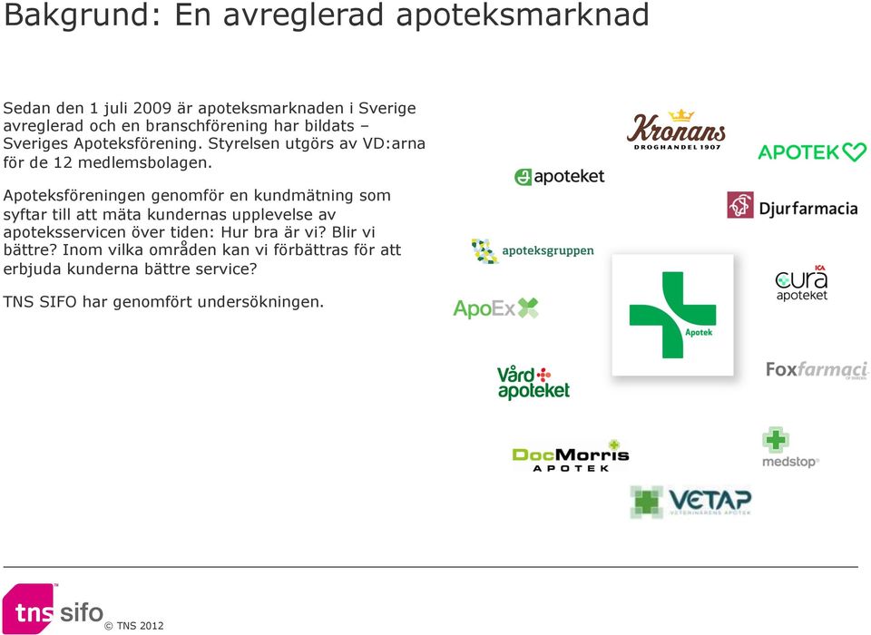 Apoteksföreningen genomför en kundmätning som syftar till att mäta kundernas upplevelse av apoteksservicen över tiden: