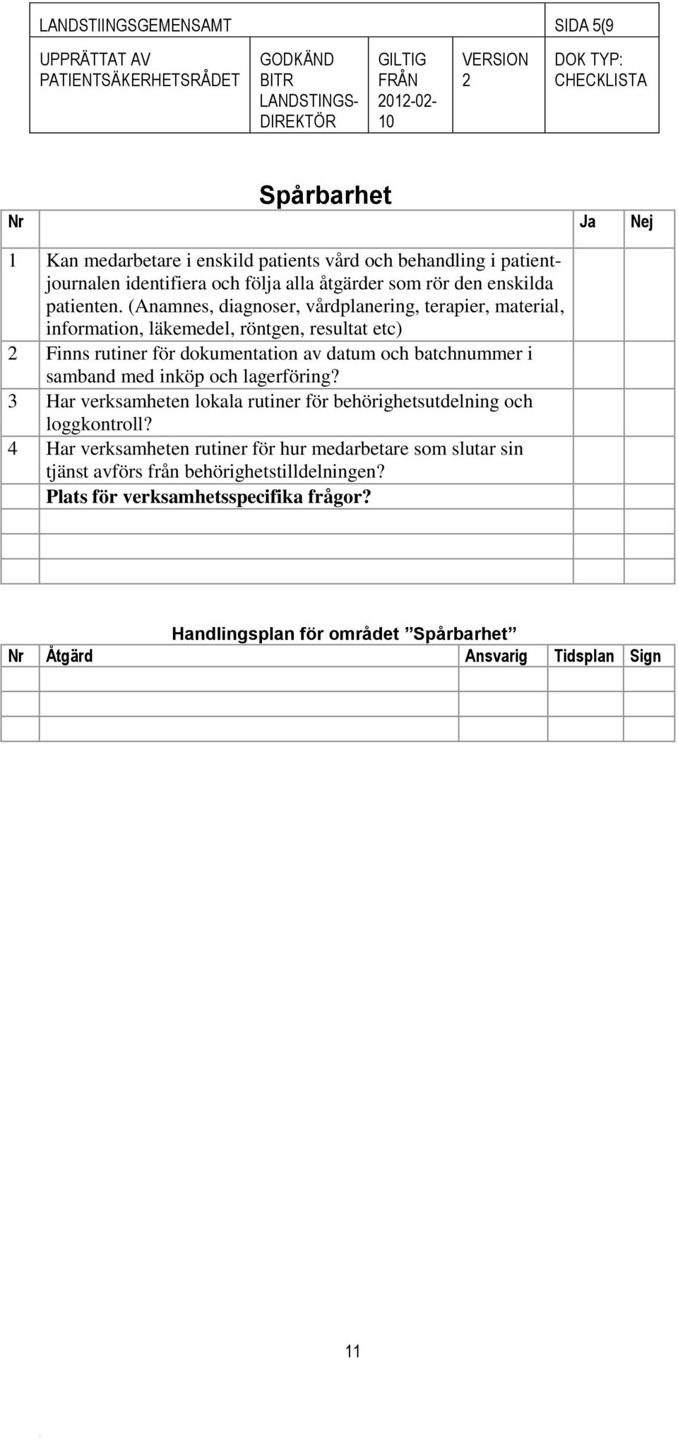 (Anamnes, diagnoser, vårdplanering, terapier, material, information, läkemedel, röntgen, resultat etc) Finns rutiner för dokumentation av datum och