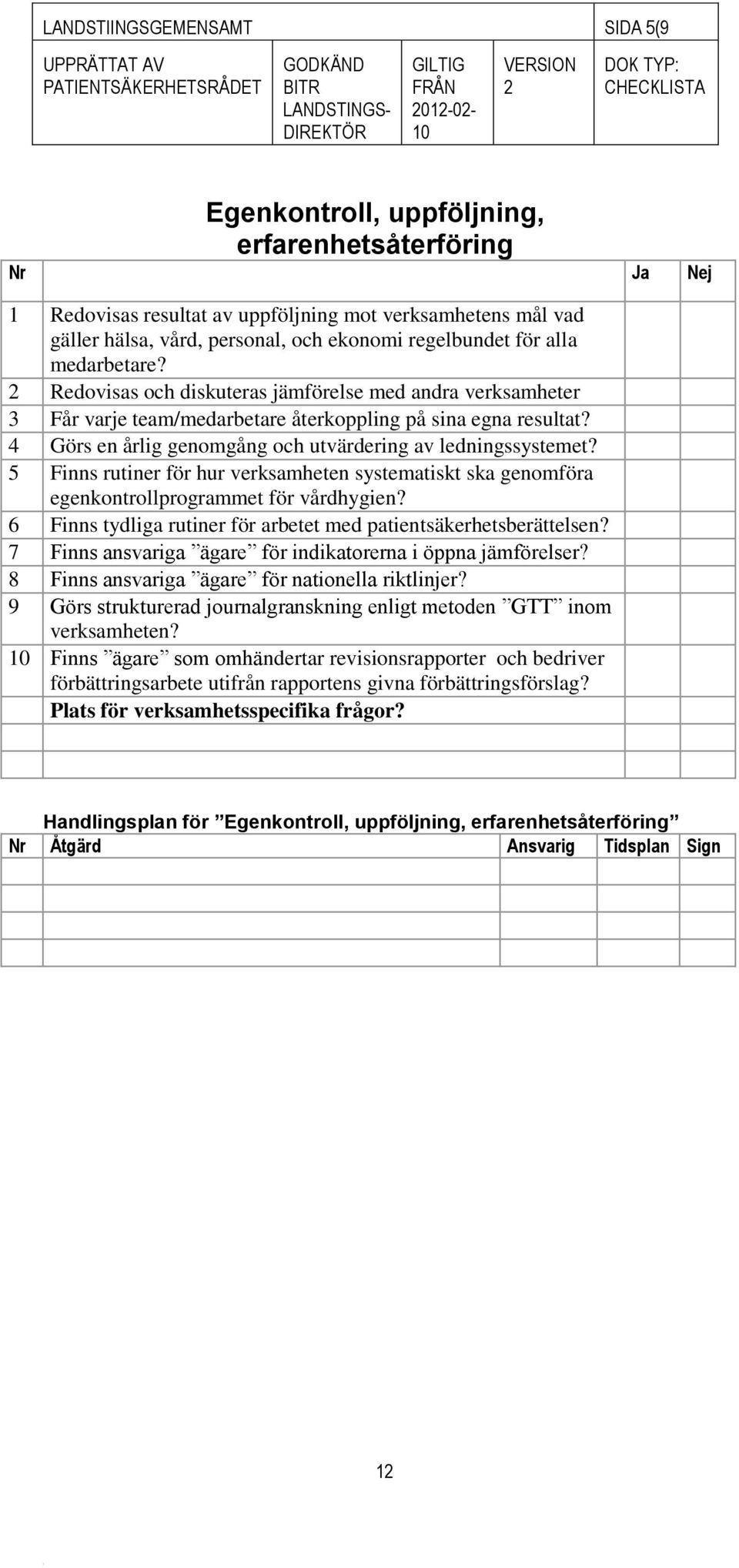 5 Finns rutiner för hur verksamheten systematiskt ska genomföra egenkontrollprogrammet för vårdhygien? 6 Finns tydliga rutiner för arbetet med patientsäkerhetsberättelsen?