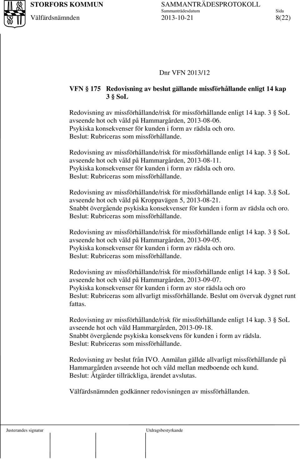 Redovisning av missförhållande/risk för missförhållande enligt 14 kap. 3 SoL avseende hot och våld på Hammargården, 2013-08-11. Psykiska konsekvenser för kunden i form av rädsla och oro.