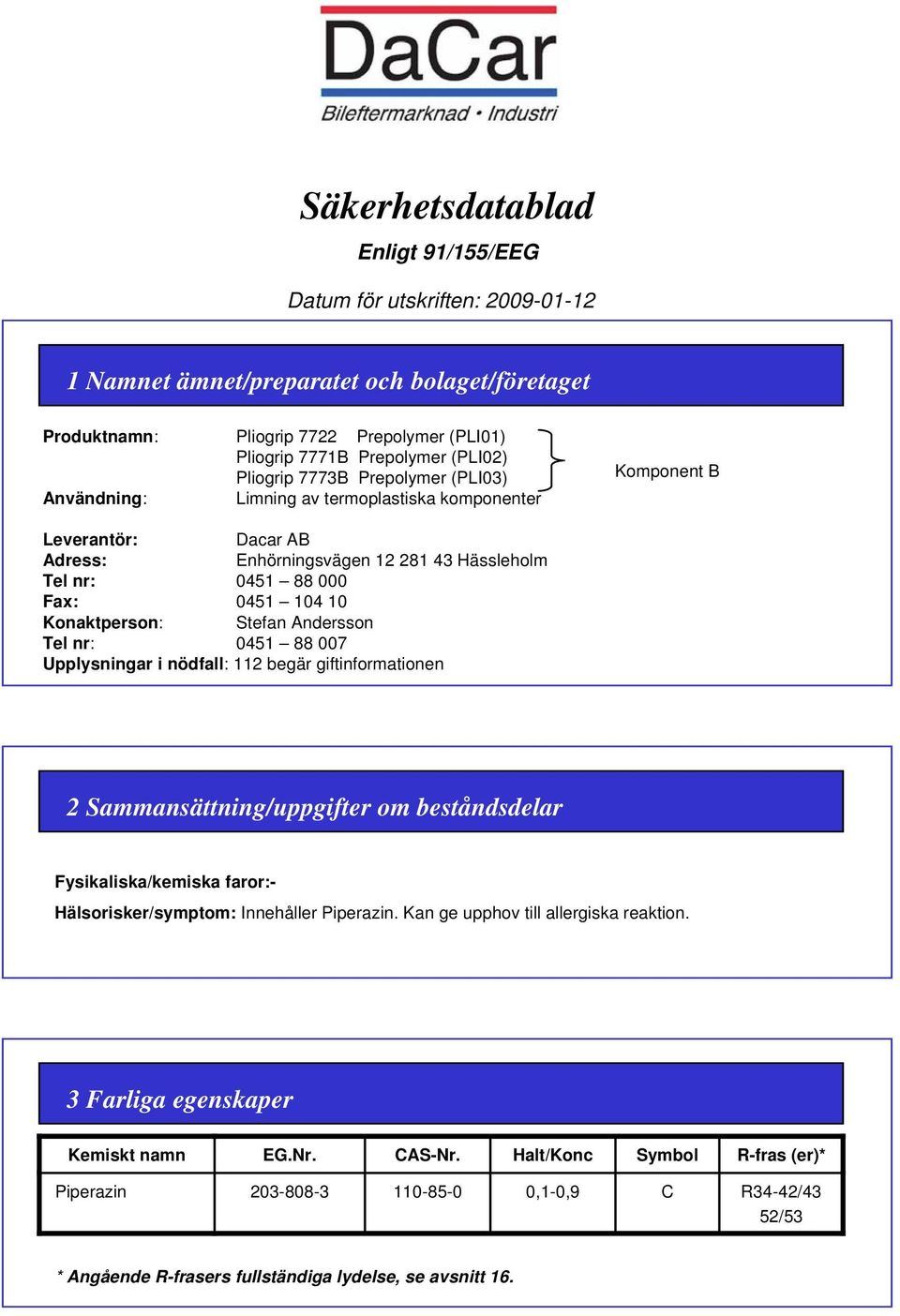 Upplysningar i nödfall: 112 begär giftinformationen 2 Sammansättning/uppgifter om beståndsdelar Fysikaliska/kemiska faror:- Hälsorisker/symptom: Innehåller Piperazin.