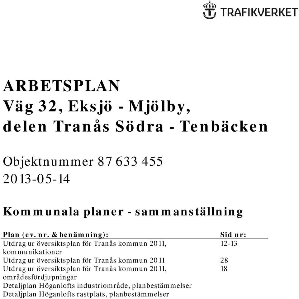 & benämning): Sid nr: Utdrag ur översiktsplan för Tranås kommun 2011, 12-13 kommunikationer Utdrag ur översiktsplan
