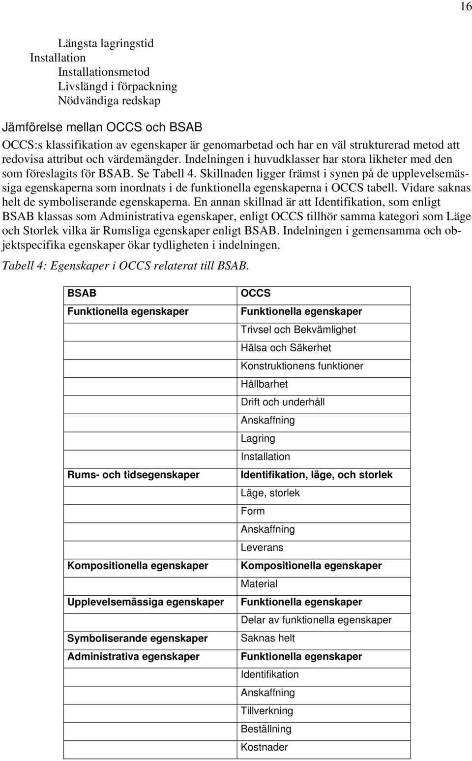 Skillnaden ligger främst i synen på de upplevelsemässiga egenskaperna som inordnats i de funktionella egenskaperna i OCCS tabell. Vidare saknas helt de symboliserande egenskaperna.