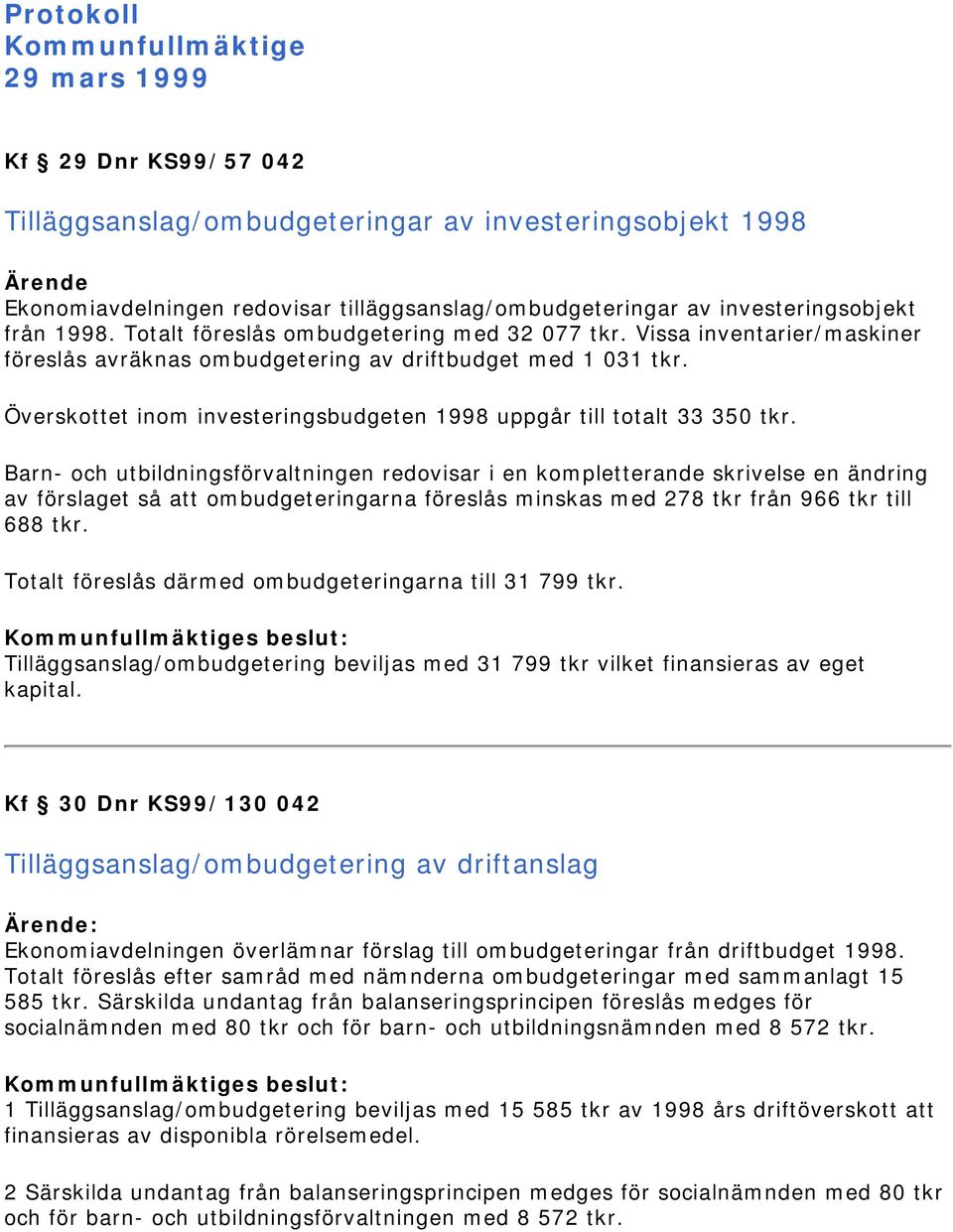 Överskottet inom investeringsbudgeten 1998 uppgår till totalt 33 350 tkr.