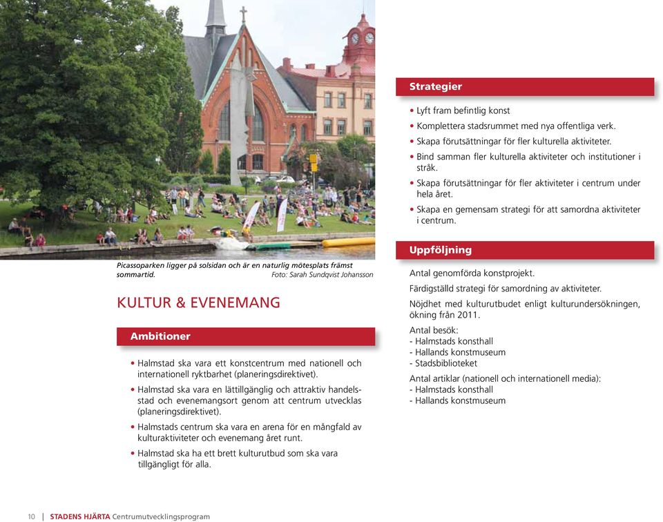Skapa en gemensam strategi för att samordna aktiviteter i centrum. Uppföljning Picassoparken ligger på solsidan och är en naturlig mötesplats främst sommar tid.