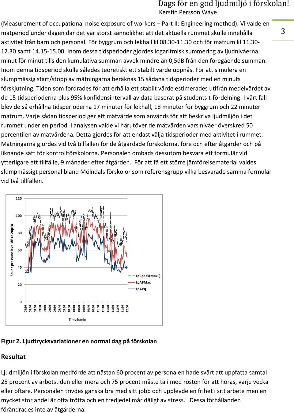 30 12.30 samt 14.15 15.00. Inom dessa tidsperioder gjordes logaritmisk summering av ljudnivåerna minut för minut tills den kumulativa summan avvek mindre än 0,5dB från den föregående summan.