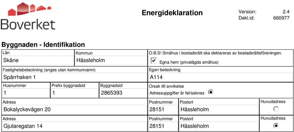 Egna hem (privatägda småhus) Egen beteckning A114 Husnummer 1 Prefix byggnadsid 1 Byggnadsid 2865393 Orsak till avvikelse