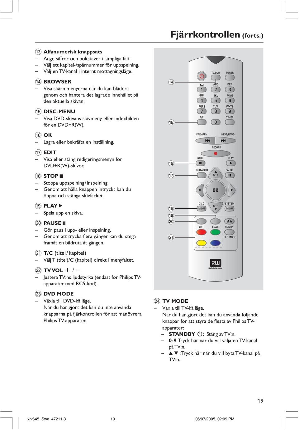 $ % ^ OK Lagra eller bekräfta en inställning. & EDIT Visa eller stäng redigeringsmenyn för DVD+R(W)-skivor. * STOP 9 Stoppa uppspelning/inspelning.