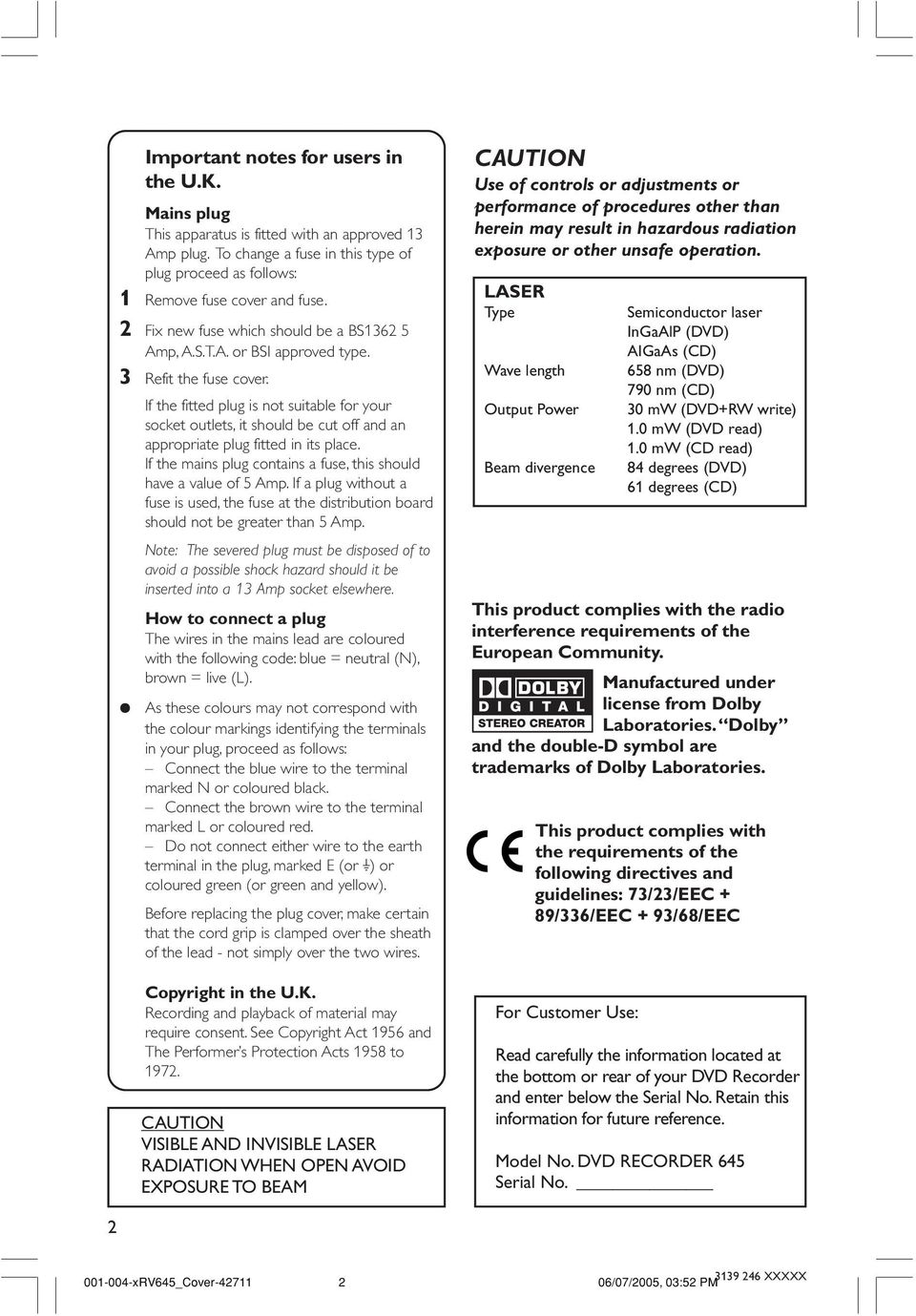 If the fitted plug is not suitable for your socket outlets, it should be cut off and an appropriate plug fitted in its place. If the mains plug contains a fuse, this should have a value of 5 Amp.