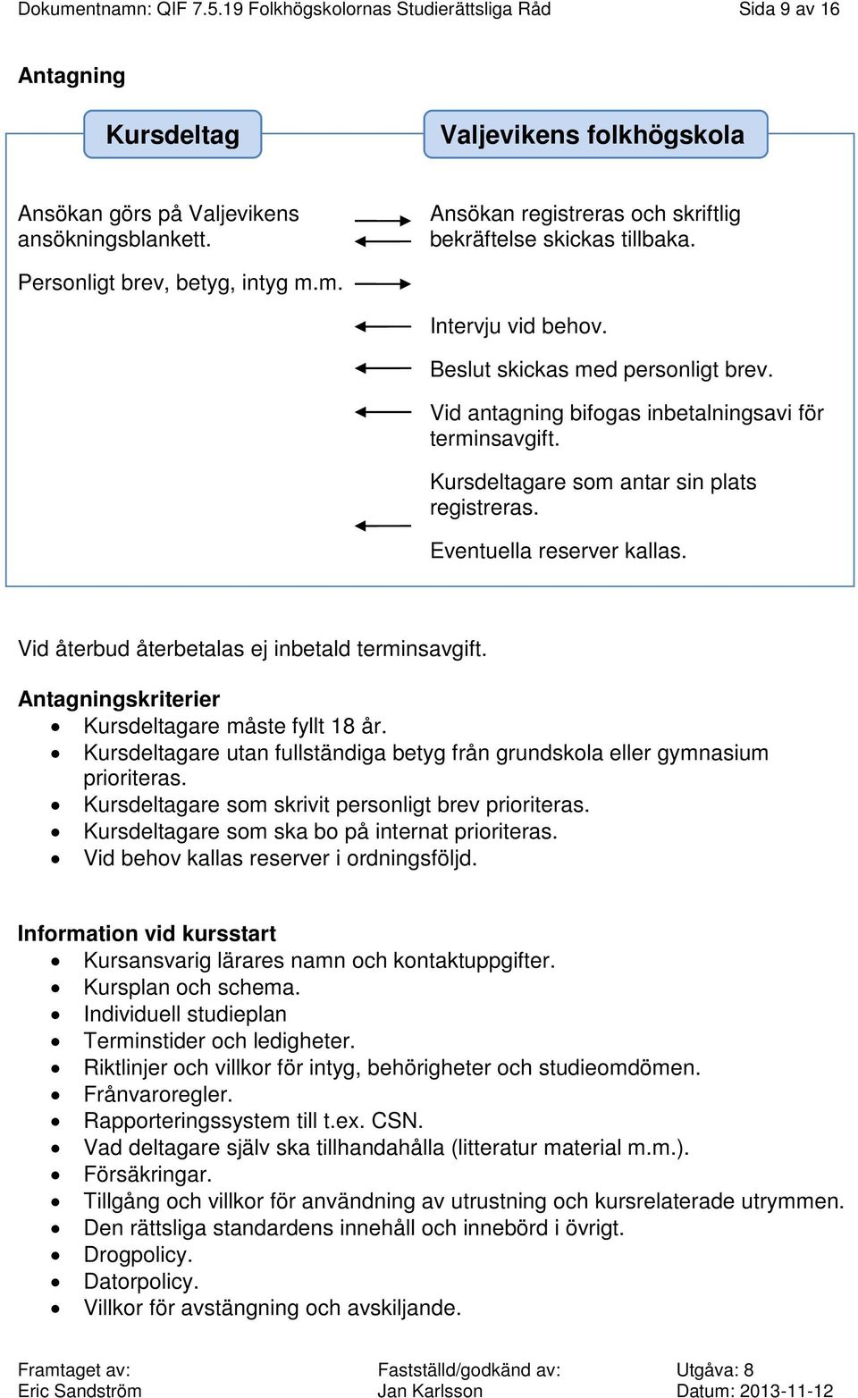 Vid antagning bifogas inbetalningsavi för terminsavgift. Kursdeltagare som antar sin plats registreras. Eventuella reserver kallas. Vid återbud återbetalas ej inbetald terminsavgift.