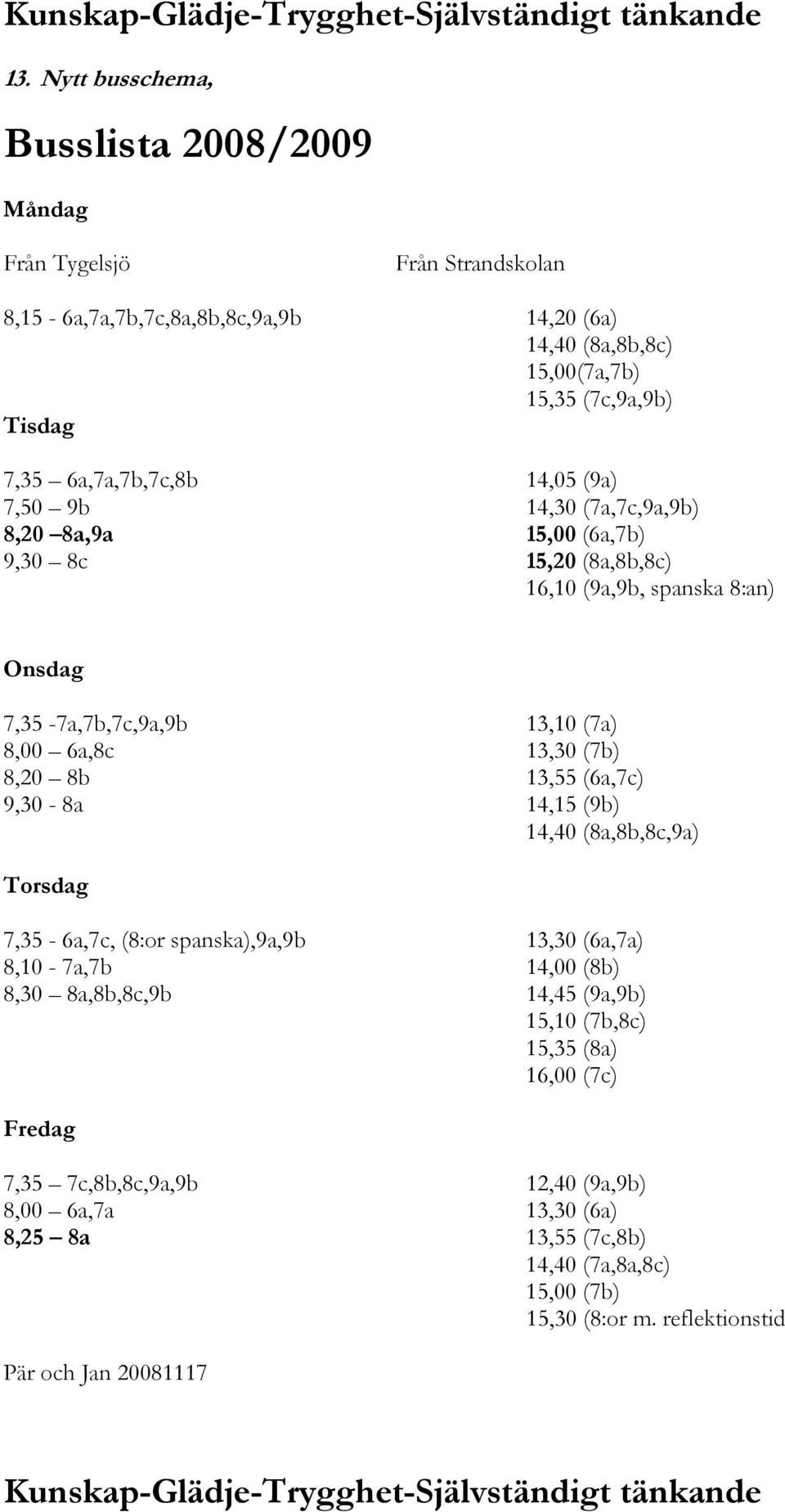 13,30 (7b) 8,20 8b 13,55 (6a,7c) 9,30-8a 14,15 (9b) 14,40 (8a,8b,8c,9a) Torsdag 7,35-6a,7c, (8:or spanska),9a,9b 13,30 (6a,7a) 8,10-7a,7b 14,00 (8b) 8,30 8a,8b,8c,9b 14,45 (9a,9b) 15,10