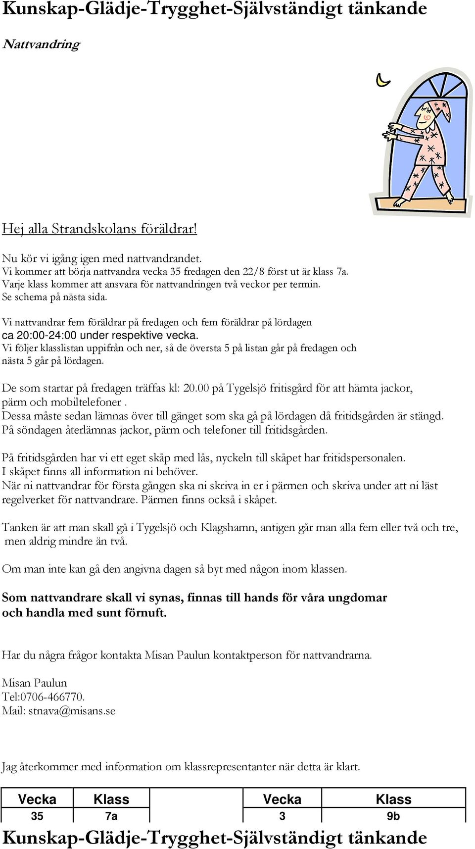 Vi nattvandrar fem föräldrar på fredagen och fem föräldrar på lördagen ca 20:00-24:00 under respektive vecka.