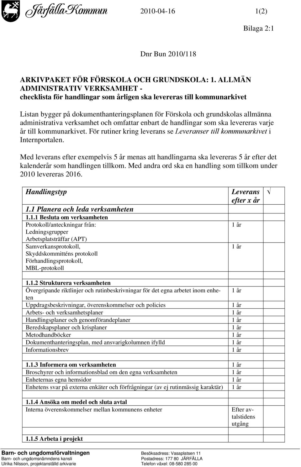 verksamhet och omfattar enbart de handlingar som ska levereras varje år till kommunarkivet. För rutiner kring leverans se Leveranser till kommunarkivet i Internportalen.