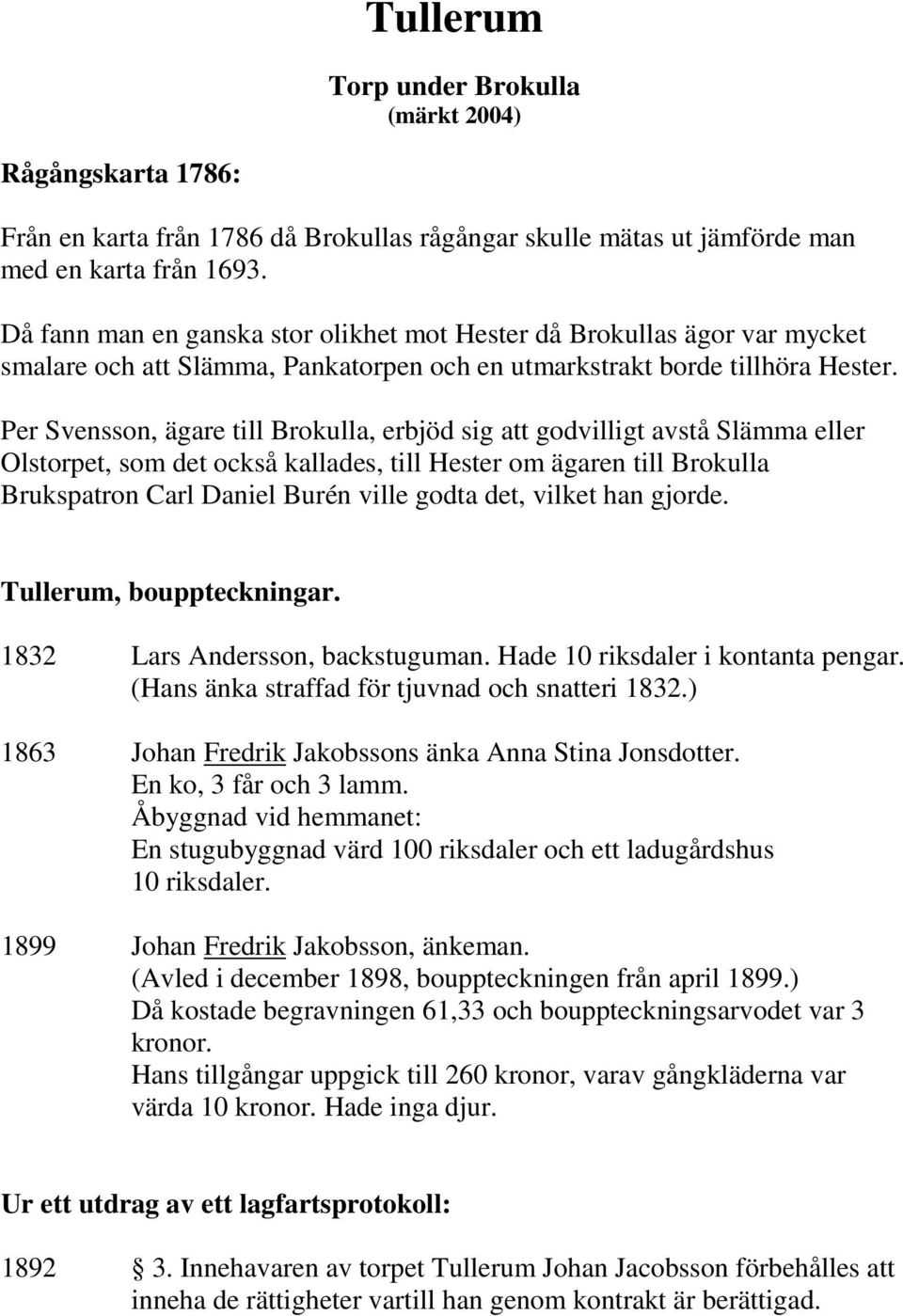 Per Svensson, ägare till Brokulla, erbjöd sig att godvilligt avstå Slämma eller Olstorpet, som det också kallades, till Hester om ägaren till Brokulla Brukspatron Carl Daniel Burén ville godta det,