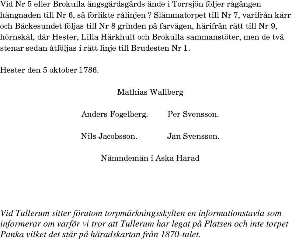 sammanstöter, men de två stenar sedan åtföljas i rätt linje till Brudesten Nr 1. Hester den 5 oktober 1786. Mathias Wallberg Anders Fogelberg. Nils Jacobsson. Per Svensson.