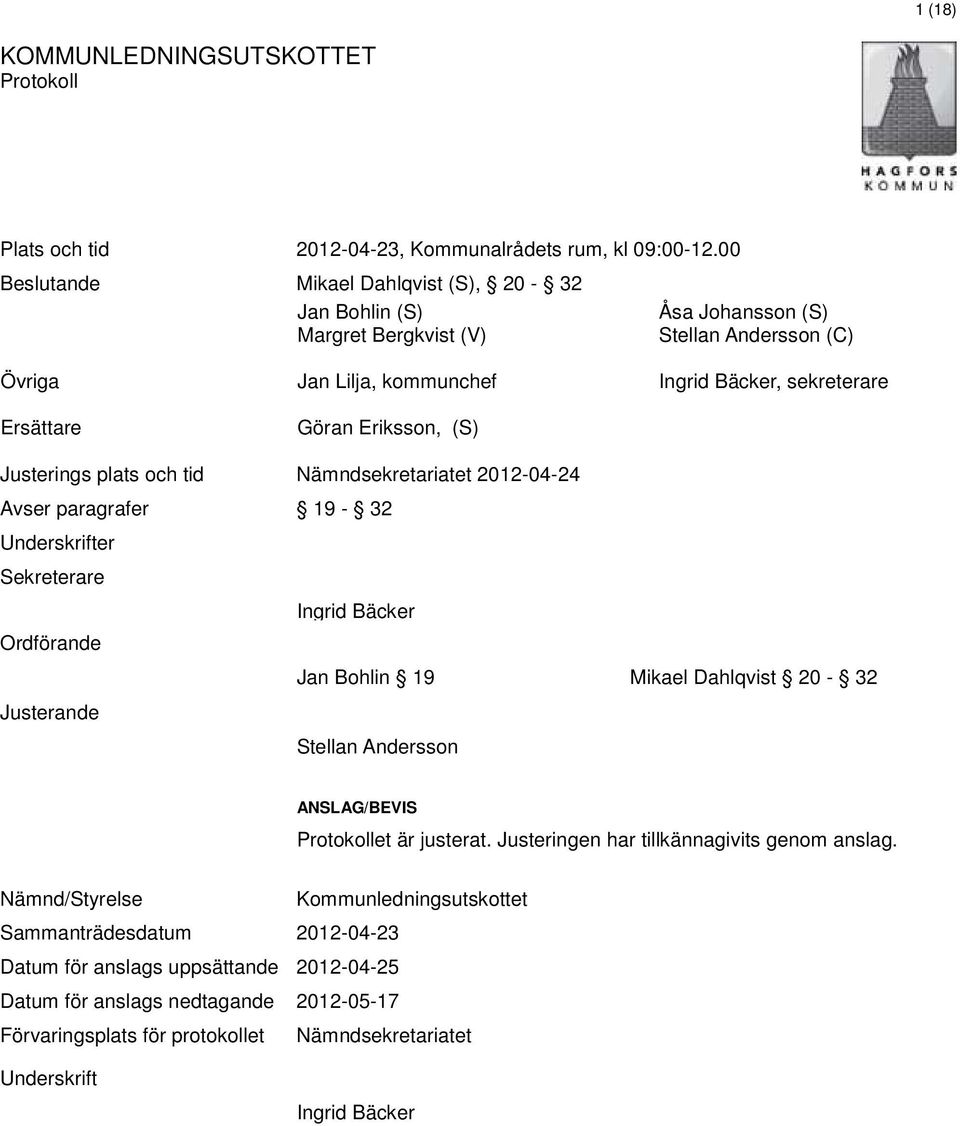 Göran Eriksson, (S) Justerings plats och tid Nämndsekretariatet 2012-04-24 Avser paragrafer 19-32 Underskrifter Sekreterare Ingrid Bäcker Ordförande Jan Bohlin 19 Mikael Dahlqvist 20-32