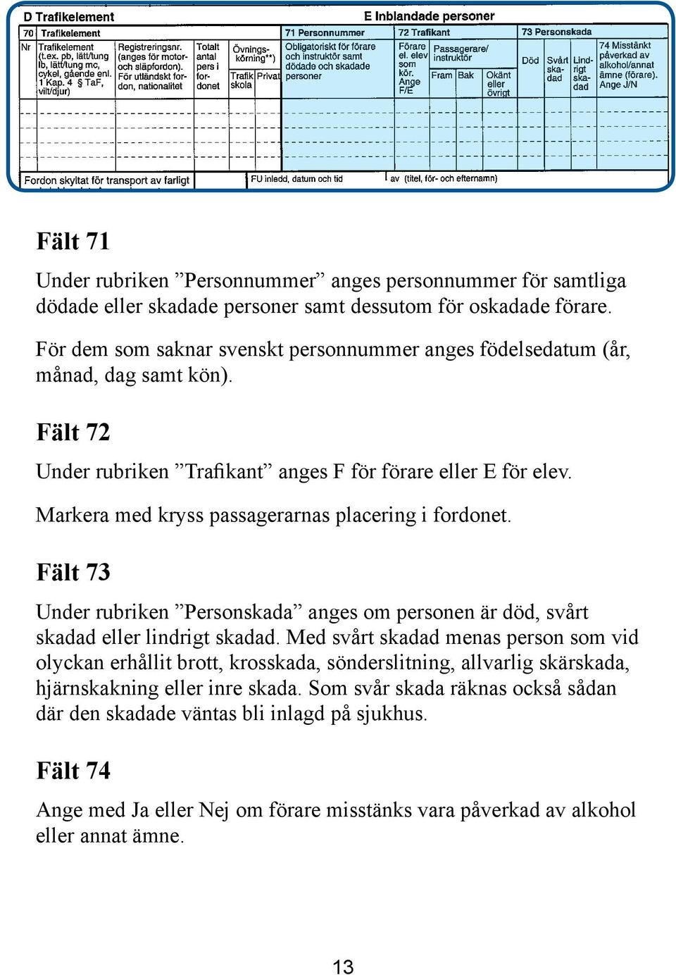 Markera med kryss passagerarnas placering i fordonet. Fält 73 Under rubriken Personskada anges om personen är död, svårt skadad eller lindrigt skadad.