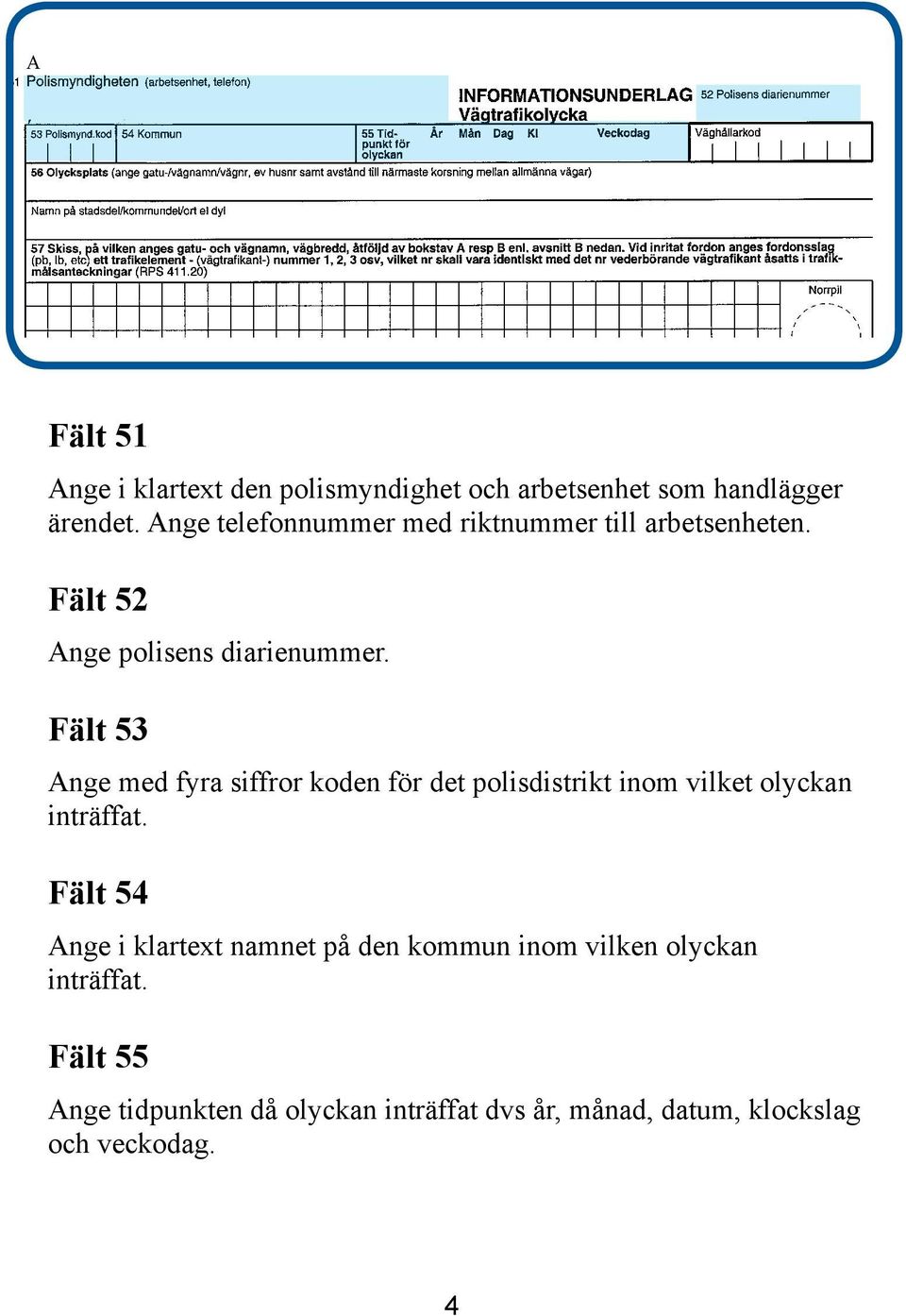 Fält 53 Ange med fyra siffror koden för det polisdistrikt inom vilket olyckan inträffat.
