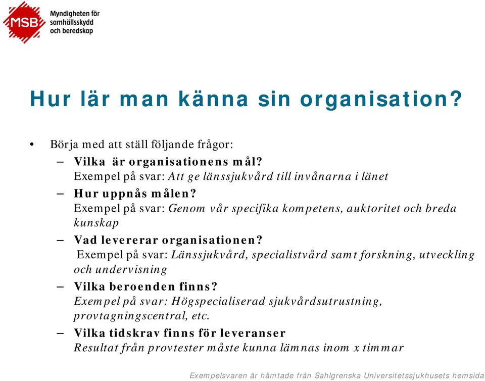 Exempel på svar: Genom vår specifika kompetens, auktoritet och breda kunskap Vad levererar organisationen?