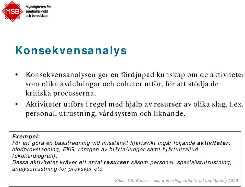 Exempel: För att göra en basutredning vid misstänkt hjärtsvikt ingår följande aktiviteter: blodprovstagning, EKG, röntgen av hjärta/lungor samt hjärtultraljud