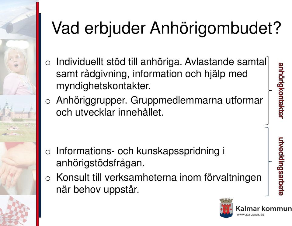 o Anhöriggrupper. Gruppmedlemmarna utformar och utvecklar innehållet.