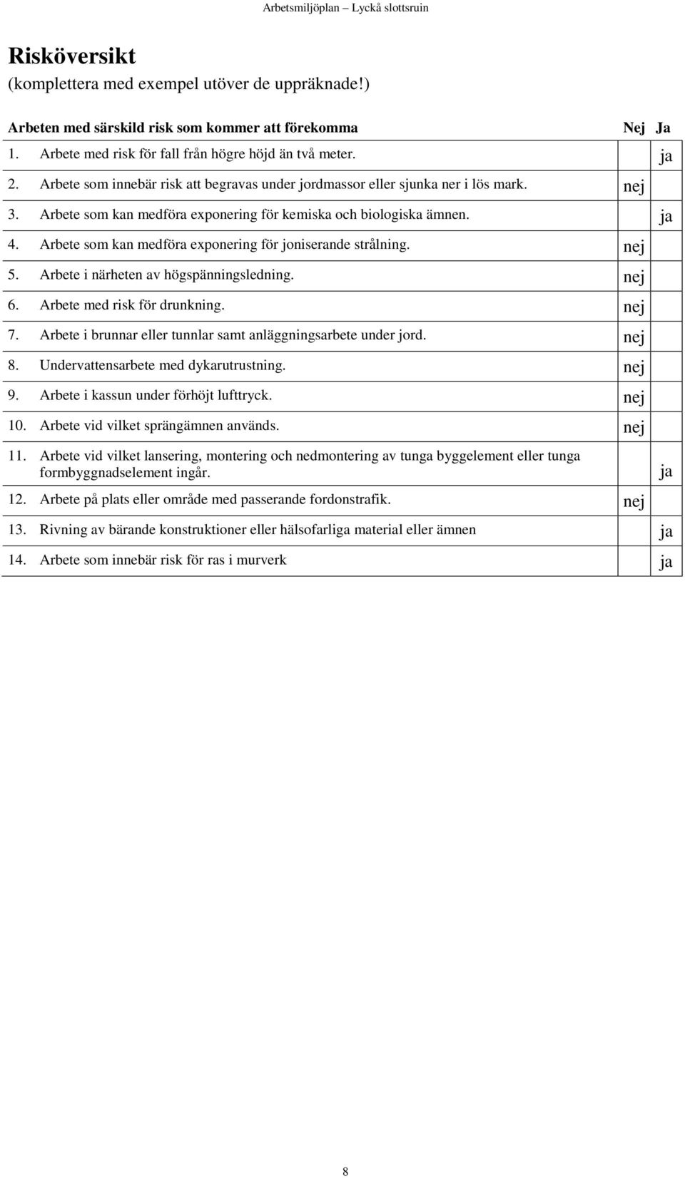 Arbete som kan medföra exponering för joniserande strålning. nej 5. Arbete i närheten av högspänningsledning. nej 6. Arbete med risk för drunkning. nej 7.